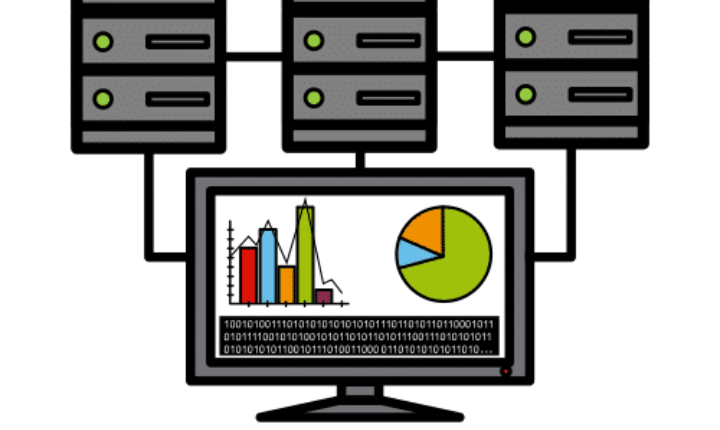 Image représentant un PC relié à des unités centrales et dont l'écran présente des graphiques. Image générée par IA