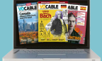 Photo de l'écran d'un ordinateur portable montrant les couvertures de trois éditions du magazine Vocable : en anglais, en espagnol et en allemand.