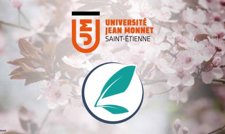 Photographie d'une fleur avec les logo UJM et Prairial