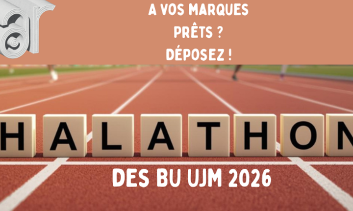 Image présentant une piste d'athlétisme avec le mot HALathon écrit sur la piste en lettres de Scrabble